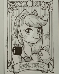 Size: 1024x1281 | Tagged: safe, artist:gensokishidan, part of a set, applejack, earth pony, pony, g4, apple, bust, clothes, female, food, ink drawing, looking at you, monochrome, name, old banner, portrait, solo, traditional art