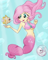 Size: 910x1121 | Tagged: safe, artist:noupu, angel bunny, fluttershy, fish, mermaid, equestria girls, g4, belly button, breasts, busty fluttershy, cleavage, cute, mermaidized, midriff, shyabetes, underboob, underwater, watershy