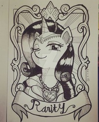 Size: 1024x1263 | Tagged: safe, artist:gensokishidan, part of a set, rarity, pony, unicorn, g4, bust, clothes, female, ink drawing, jewelry, looking at you, monochrome, name, old banner, one eye closed, portrait, solo, traditional art, wink