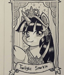 Size: 1024x1204 | Tagged: safe, artist:gensokishidan, part of a set, twilight sparkle, alicorn, pony, g4, bust, clothes, female, ink drawing, jewelry, looking at you, monochrome, name, old banner, portrait, regalia, solo, traditional art, twilight sparkle (alicorn)