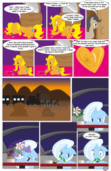 Size: 792x1224 | Tagged: safe, artist:dekomaru, trixie, oc, oc:diamond cluster, oc:honey cluster, earth pony, pegasus, pony, comic:the greatest gift, g4, comic, eating, female, flower, horses doing horse things, locket, magic, male, mare, prone, stallion, sunset, train