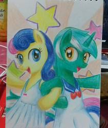 Size: 1548x1836 | Tagged: safe, artist:gensokishidan, bon bon, lyra heartstrings, sweetie drops, earth pony, pony, unicorn, g4, bipedal, clothes, colored pencil drawing, dress, duo, looking at you, photo, smiling, traditional art