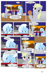 Size: 792x1224 | Tagged: safe, artist:dekomaru, derpy hooves, trixie, pony, comic:the greatest gift, g4, comic, eating, food, muffin, sad, table