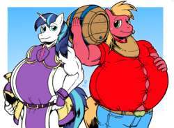 Size: 2049x1516 | Tagged: safe, artist:duragan, big macintosh, shining armor, anthro, g4, armor, barrel, bbbff, belly, bhm, big belly, bigger macintosh, bipedal, cider, duo, fat, male, moobs, musclegut, muscles, plump, shining blubber, strong fat, tight clothing, weight gain