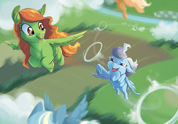 Size: 1280x894 | Tagged: safe, artist:vindhov, oc, oc only, oc:silver lining (vindhov), oc:snap apple, pegasus, pony, chase, cloud, duo, female, flight camp, flying, looking at each other, mare, next generation, offspring, open mouth, parent:applejack, parent:rainbow dash, parent:soarin', parent:wind rider, parents:soarinjack, parents:windash, smiling, spread wings, wings