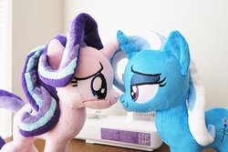 Size: 1024x683 | Tagged: safe, artist:kazzysart, starlight glimmer, trixie, pony, unicorn, g4, crossed horns, female, horn, horns are touching, irl, lesbian, lidded eyes, looking at each other, photo, plushie, ship:startrix, shipping