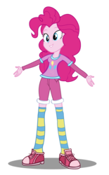 Size: 1204x1938 | Tagged: safe, artist:trungtranhaitrung, pinkie pie, equestria girls, g4, clothes, female, open arms, pink, shirt, shoes, shorts, simple background, smiling, sneakers, socks, solo, striped socks, transparent background, vector
