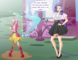 Size: 2786x2153 | Tagged: safe, artist:shinta-girl, rarity, sweetie belle, human, equestria girls, g4, boots, bracelet, carousel boutique, clothes, duo, duo female, equestria girls outfit, female, hand on hip, high heel boots, high heels, high res, hose, humanized, jewelry, mud, necklace, one eye closed, sisters, skirt, spanish, translated in the comments, water, wet hair
