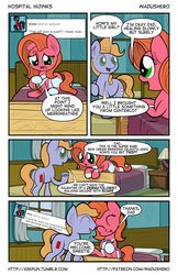 Size: 1280x1978 | Tagged: safe, artist:wadusher0, oc, oc only, oc:cordovan, oc:pun, earth pony, pony, comic:hospital hijinks, bandage, comic, father and daughter, female, hospital, male, mare, nuzzling, scar, stallion