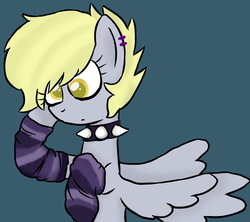 Size: 798x710 | Tagged: safe, artist:rozzertrask, edit, derpy hooves, pegasus, pony, g4, choker, clothes, female, mare, punk, simple background, socks, solo, spiked choker, striped socks
