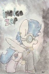 Size: 683x1015 | Tagged: safe, artist:slightlyshade, indigo zap, pegasus, pony, equestria girls, g4, clothes, equestria girls ponified, female, goggles, hoodie, ponified, solo, traditional art