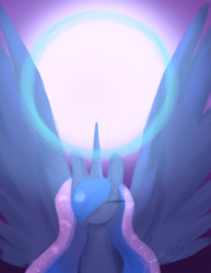 Size: 900x1163 | Tagged: safe, artist:vivianity, princess luna, g4, eyes closed, female, magic, moon, moonrise, smiling, solo, spread wings