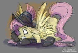 Size: 1024x704 | Tagged: safe, artist:mad--munchkin, fluttershy, private pansy, g4, 30 minute art challenge, female, floppy ears, prone, scared, sketchy, solo, spread wings, watermark