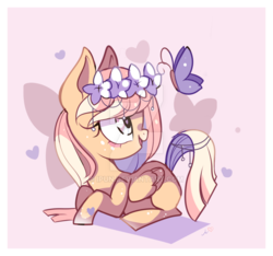 Size: 800x750 | Tagged: safe, artist:ipun, oc, oc only, butterfly, pegasus, pony, female, floral head wreath, flower, heart eyes, mare, prone, solo, watermark, wingding eyes