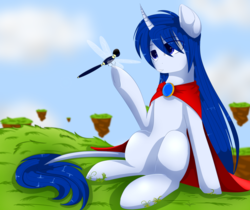 Size: 1024x860 | Tagged: safe, artist:php146, oc, oc only, dragonfly, pony, unicorn, blue hair, cape, clothes, cloud, eye clipping through hair, female, floating island, grass, mare, scenery, sitting, sky, smiling, solo