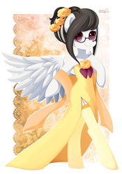 Size: 800x1145 | Tagged: safe, artist:exceru-karina, oc, oc only, oc:wintertide, pegasus, pony, semi-anthro, beautiful, clothes, commission, cute, dress, female, flower, flower in hair, garter belt, garters, glasses, looking at you, mare, rose, side slit, smiling, solo, spread wings, stockings, thigh highs, wings, ych result, yellow dress