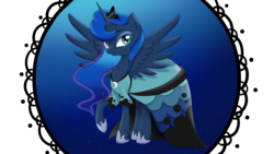 Size: 1920x1080 | Tagged: safe, artist:bonsia-lucky, princess luna, alicorn, pony, g4, clothes, dress, female, looking at you, mare, raised hoof, solo, spread wings, stars, unamused