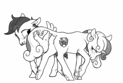 Size: 1049x712 | Tagged: safe, artist:spectralunicorn, scootaloo, sweetie belle, classical unicorn, pegasus, pony, unicorn, g4, butt, cloven hooves, duo, ear piercing, female, flirting, gauges, grayscale, horn, leonine tail, lesbian, mare, monochrome, nose piercing, nose ring, older, piercing, plot, seduction, ship:scootabelle, shipping, simple background, tail seduce, unshorn fetlocks, white background