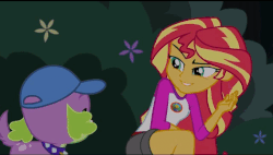 Size: 640x364 | Tagged: safe, edit, screencap, spike, spike the regular dog, sunset shimmer, dog, equestria girls, g4, my little pony equestria girls: legend of everfree, animated, camp everfree outfits, cap, clothes, flower, gif, hat, looking at each other, shorts