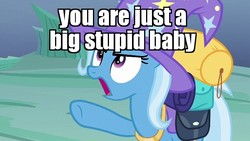 Size: 640x360 | Tagged: safe, edit, edited screencap, screencap, trixie, pony, unicorn, g4, to where and back again, angry, cute, female, image macro, insult, meme, open mouth, pointing, solo, trixie yells at everything