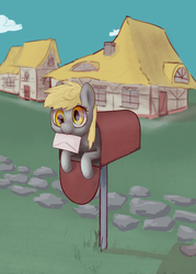 Size: 1146x1600 | Tagged: safe, artist:re7natus, derpy hooves, pegasus, pony, g4, derpy inside a mailbox, female, house, letter, mailbox, mouth hold, prone, solo
