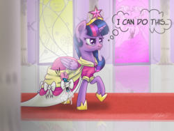 Size: 1024x768 | Tagged: safe, artist:helmie-art, seabreeze, twilight sparkle, alicorn, breezie, pony, g4, clothes, confident, coronation dress, crown, dress, duo, female, jewelry, male, mare, raised hoof, regalia, thought bubble, twilight sparkle (alicorn)