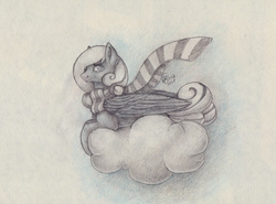 Size: 1721x1272 | Tagged: safe, artist:kimsteinandother, oc, oc only, oc:snowdrop, pegasus, pony, clothes, cloud, female, mare, older, older snowdrop, prone, scarf, solo, traditional art