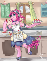 Size: 762x998 | Tagged: safe, artist:php154, pinkie pie, earth pony, semi-anthro, g4, apron, bipedal, clothes, cupcake, dress, female, food, kitchen, solo
