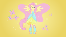 Size: 680x383 | Tagged: safe, screencap, fluttershy, butterfly, equestria girls, g4, my little pony equestria girls, boots, cute, cutie mark, fall formal outfits, female, high heel boots, one eye closed, ponied up, ponytail, solo, sparkles, wings, wink