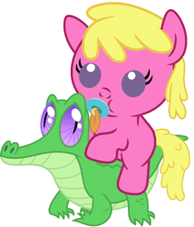 Size: 786x917 | Tagged: safe, artist:red4567, cherry berry, gummy, alligator, earth pony, pony, g4, baby, baby pony, cherry berry riding gummy, cherrybetes, cute, derp, female, foal, pacifier, ponies riding gators, puffy cheeks, riding, simple background, white background