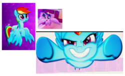 Size: 728x446 | Tagged: safe, rainbow dash, twilight sparkle, alicorn, pony, g4, my little pony: the movie, cropped, dreamworks face, faic, female, flying, grin, smiling, smirk, solo, teaser, twilight sparkle (alicorn), youtube link