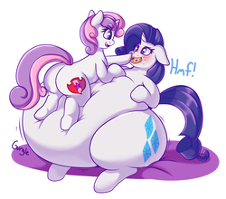 Size: 1280x1128 | Tagged: safe, artist:graphenescloset, rarity, sweetie belle, pony, unicorn, adorafatty, belly, belly bed, big belly, butt, cookie, cute, fat, feedee, feeder, female, fetish, floppy ears, food, force feeding, huge belly, impossibly large belly, large belly, mare, morbidly obese, obese, plot, raritubby, stomach noise, stuffed, sweetie butt, the ass was fat
