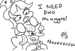 Size: 833x574 | Tagged: safe, artist:jargon scott, starlight glimmer, trixie, twilight sparkle, alicorn, pony, unicorn, g4, angry, black and white, chicken nugget, clothes, dialogue, dino nuggies, faic, food, grayscale, hat, monochrome, nu, open mouth, simple background, spread wings, trixie's hat, twilight sparkle (alicorn), white background, wings