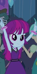 Size: 366x720 | Tagged: safe, mystery mint, scott green, tennis match, equestria girls, g4, my little pony equestria girls, background human, balloon, bracelet, clothes, fall formal outfits, jewelry, necklace, skirt, smiling