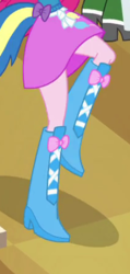 Size: 211x445 | Tagged: safe, screencap, pinkie pie, equestria girls, g4, animation error, balloon, boots, boots shot, clothes, helping twilight win the crown, high heel boots, legs, pictures of legs, ponytail, raised leg, skirt