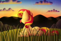 Size: 3700x2500 | Tagged: safe, artist:spirit-dude, sunset shimmer, pony, unicorn, g4, away from viewer, cloud, female, grass, high res, mare, mountain, prone, rear view, scenery, sky, solo, sunset