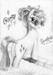 Size: 2481x3493 | Tagged: safe, artist:3500joel, rarity, pony, unicorn, g4, butt, female, grayscale, high res, looking at you, looking back, mare, monochrome, plot, rearity, smiling, solo, sunglasses, swimming pool, traditional art