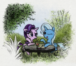 Size: 800x698 | Tagged: safe, artist:hewison, starlight glimmer, trixie, pony, unicorn, g4, book, drink, female, garden, lesbian, mare, one eye closed, ship:startrix, shipping, sitting, table, tree, wink