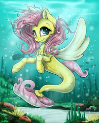 Size: 3767x4683 | Tagged: safe, artist:gaelledragons, fluttershy, fish, pegasus, pony, seapony (g4), g4, my little pony: the movie, absurd resolution, bubble, coral, cute, dorsal fin, ear fluff, eyelashes, female, fin, fin wings, fins, fish tail, flowing mane, flowing tail, green eyes, looking at you, mare, ocean, pink mane, reef, scales, seaponified, seapony fluttershy, seaweed, signature, smiling, smiling at you, solo, species swap, sunlight, swimming, tail, underwater, unshorn fetlocks, watershy, wings