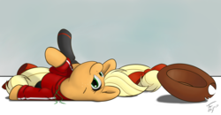 Size: 6500x3375 | Tagged: safe, artist:tg1117, applejack, earth pony, pony, g4, absurd resolution, bellyrub request, clothes, female, hoodie, looking at you, on back, silly, silly pony, smiling, socks, solo, who's a silly pony
