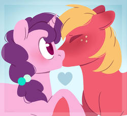 Size: 2979x2732 | Tagged: safe, artist:djkaskan, big macintosh, sugar belle, earth pony, pony, unicorn, g4, hard to say anything, cute, duo, heart, high res, kiss on the lips, kissing, male, ship:sugarmac, shipping, straight, that was fast
