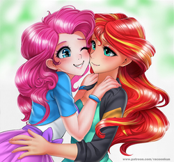 Size: 800x747 | Tagged: safe, artist:racoonsan, pinkie pie, sunset shimmer, human, g4, blushing, clothes, cute, diapinkes, duo, female, hug, humanized, jacket, lesbian, one eye closed, ship:sunsetpie, shipping, shirt, smiling