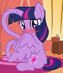 Size: 1987x2289 | Tagged: safe, artist:badumsquish, derpibooru exclusive, twilight sparkle, alicorn, half-pony, monster pony, original species, pony, tentacle pony, g4, blushing, female, golden oaks library, hiding behind wing, looking at you, nervous, smiling, solo, tentacle horn, tentacles, twilight flopple, twilight sparkle (alicorn), wat
