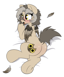 Size: 2000x2400 | Tagged: safe, artist:rileyisherehide, oc, oc only, oc:owl eyes, pegasus, pony, bed, blushing, body pillow, body pillow design, butt, feather, high res, molting, plot