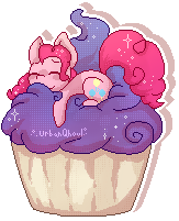 Size: 163x201 | Tagged: safe, artist:urbanqhoul, pinkie pie, earth pony, pony, g4, cupcake, female, food, happy, pixel art, simple background, solo, transparent background