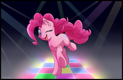 Size: 1620x1054 | Tagged: safe, artist:sentireaeris, pinkie pie, earth pony, pony, g4, cheek fluff, chest fluff, dance floor, ear fluff, female, fluffy, looking at you, mare, one eye closed, party, raised hoof, solo, wink
