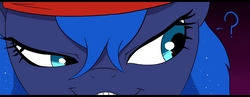 Size: 1225x476 | Tagged: safe, artist:doublewbrothers, princess luna, alicorn, pony, comic:luna land, g4, clothes, comic, cropped, dat face, question mark, smiling, smirk