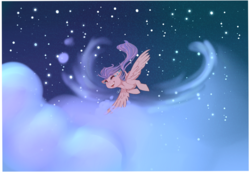 Size: 2000x1384 | Tagged: safe, artist:caninegalactic, scootaloo, pegasus, pony, g4, cloud, female, flying, happy, solo