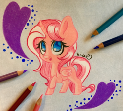 Size: 3227x2920 | Tagged: safe, artist:emberslament, oc, oc only, oc:ashley, alicorn, pony, chibi, colored pencils, female, high res, mare, pencil, photo, raised hoof, solo, traditional art