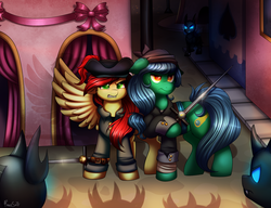 Size: 1500x1150 | Tagged: safe, artist:confetticakez, oc, oc only, oc:starry night, oc:sunny day, changeling, building, canterlot, clothes, commission, hat, invasion, pirate, sword, weapon